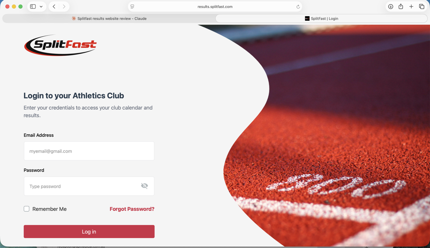 SplitFast Results Portal login screen — enter your club credentials to access your results